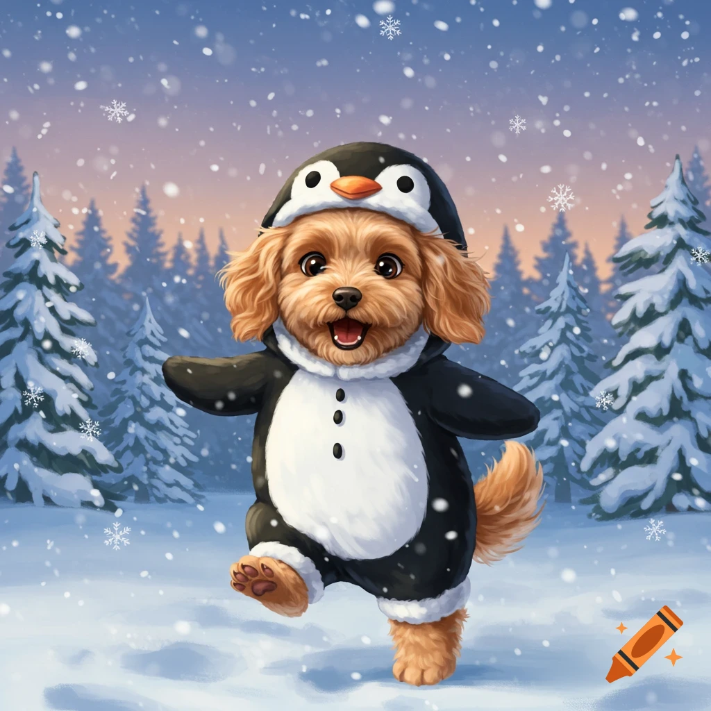 A cute, fluffy dog in a penguin costume stands in a snowy forest with falling snowflakes, illustration style.