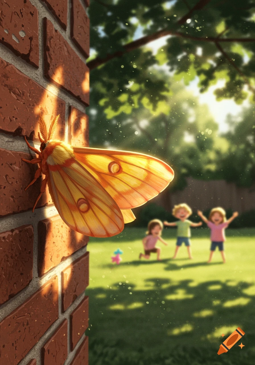 An illustrated maple moth clings to a brick wall in the foreground, with blurred children playing in a sunny green yard behind it.