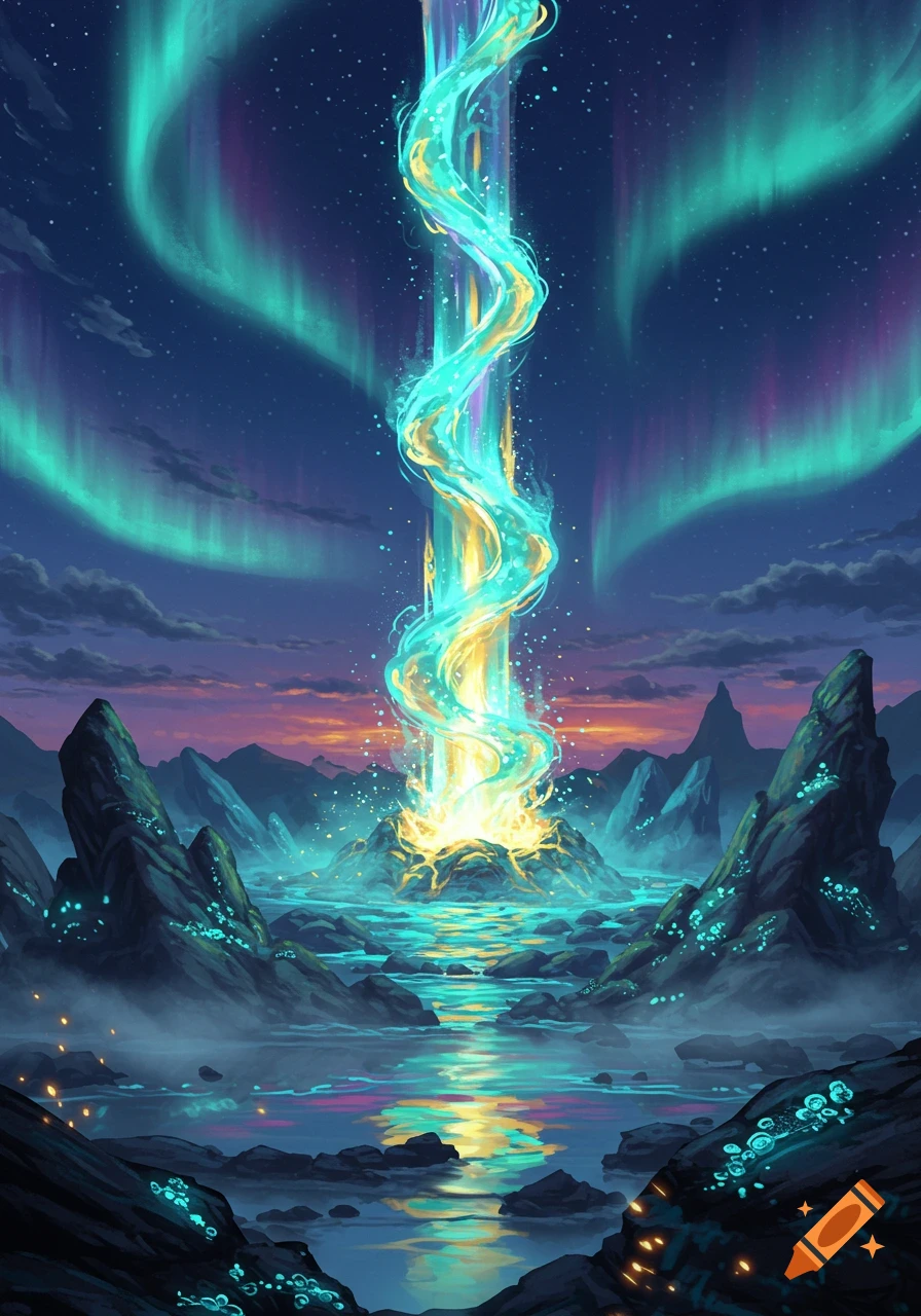 A vibrant blue and yellow energy geyser erupts from a mountain in a fantasy night landscape with a glowing river and aurora.