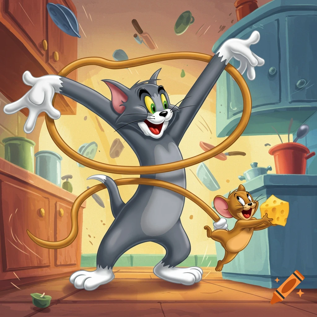 Cartoon Tom the cat tangled in an elastic rope in a messy kitchen while Jerry the mouse runs with cheese.