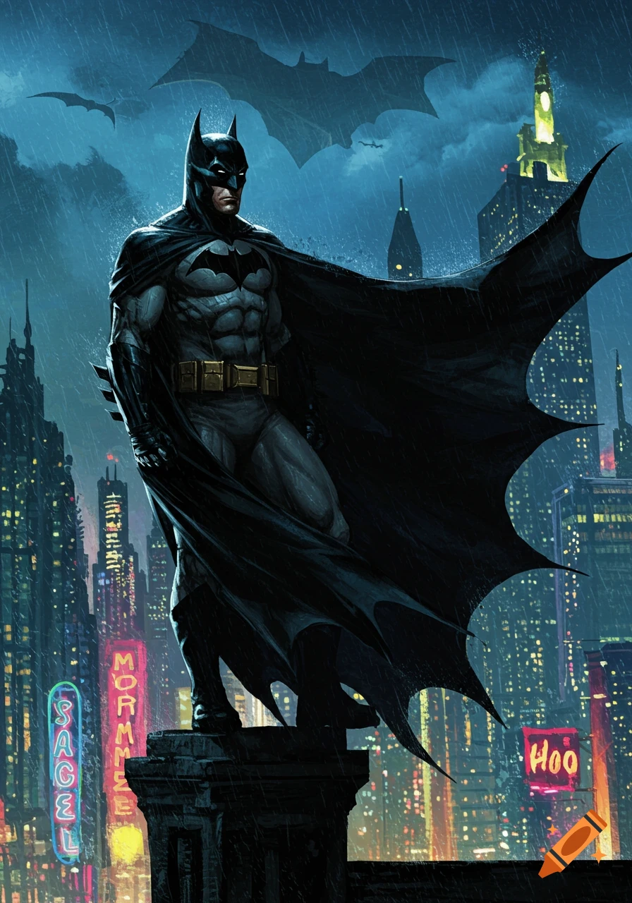 Batman stands on a gothic rooftop in a rainy, neon-lit city at night, with bats flying in the cloudy sky, in a comic book art style.