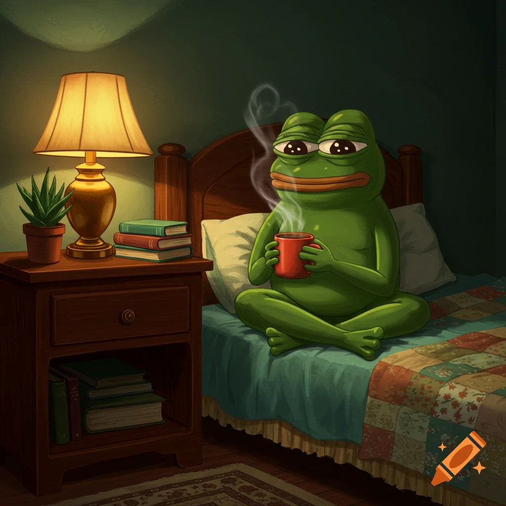 Illustrated Pepe the frog sits cross-legged on a bed in a dimly lit room, sipping from a red coffee cup.
