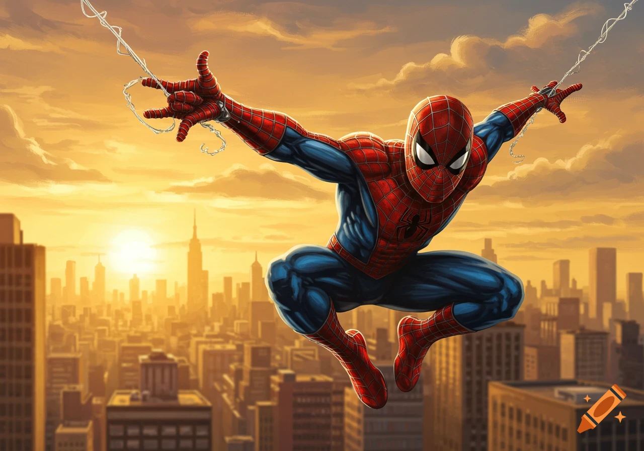Spider-Man swings through the air above a city skyline during sunset in a vibrant comic book illustration style.