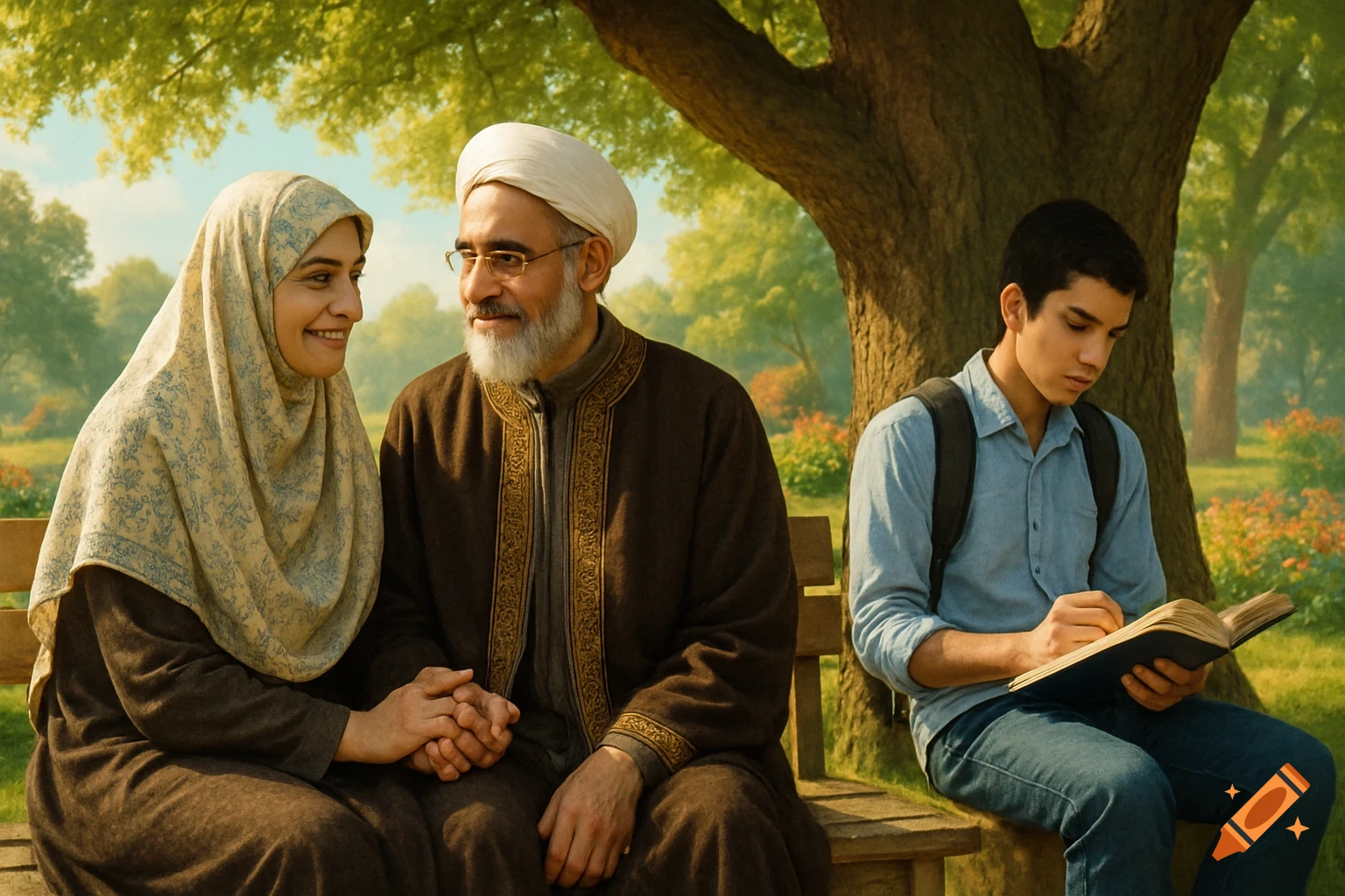 A smiling older man and woman in traditional Islamic attire sit on a park bench, looking at each other. A young man with a backpack sits next to them, reading a book under a tree.