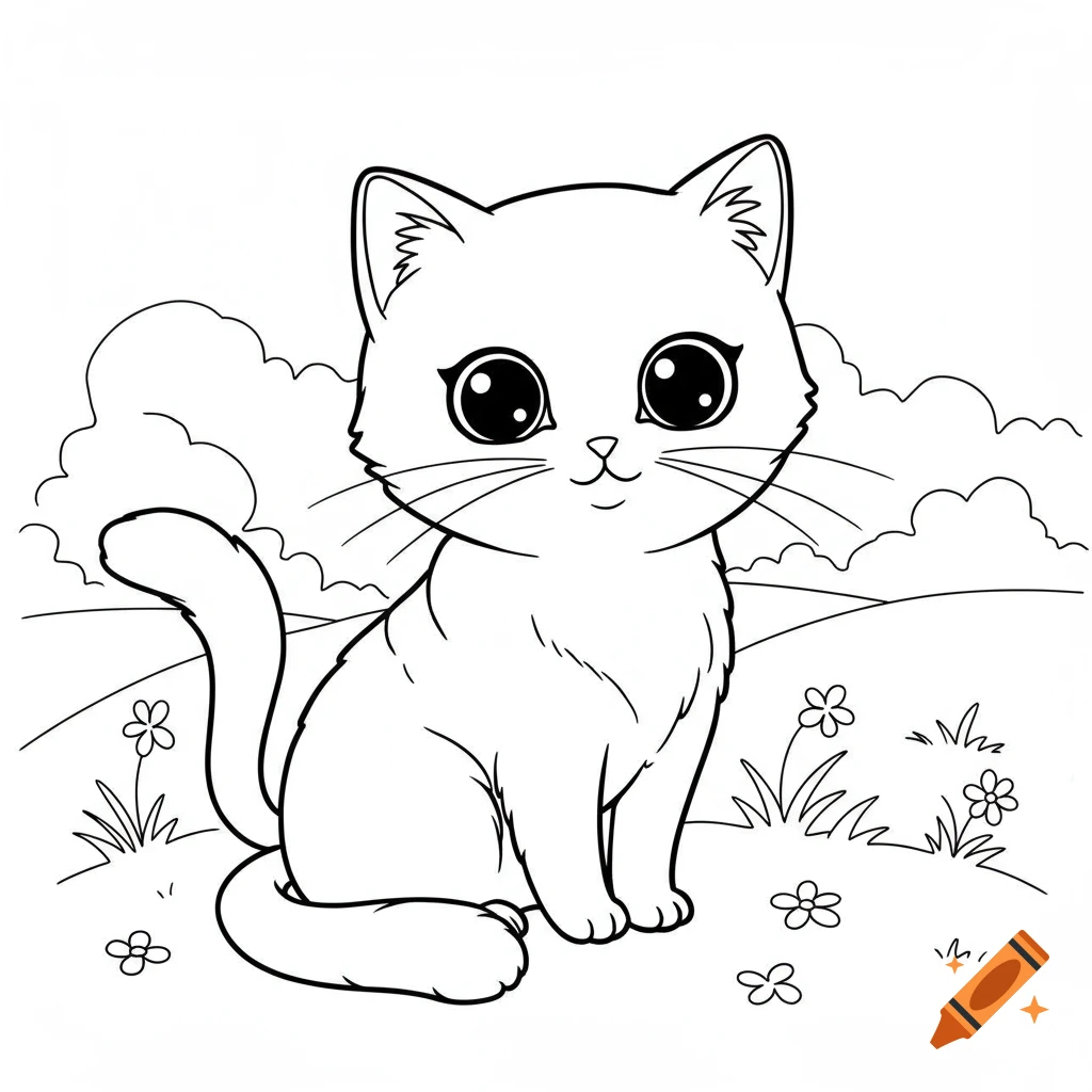 Line art illustration of a cute cat sitting in a field with clouds and flowers, designed for a coloring book.