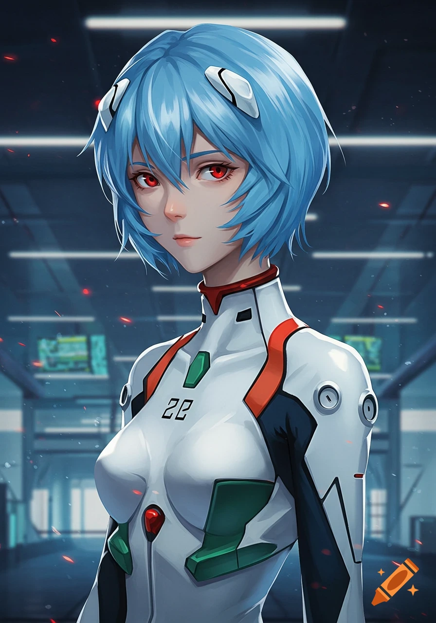 An anime illustration of Rei Ayanami with short blue hair and red eyes, wearing a white, orange, and green sci-fi plugsuit, in a dark, futuristic setting.