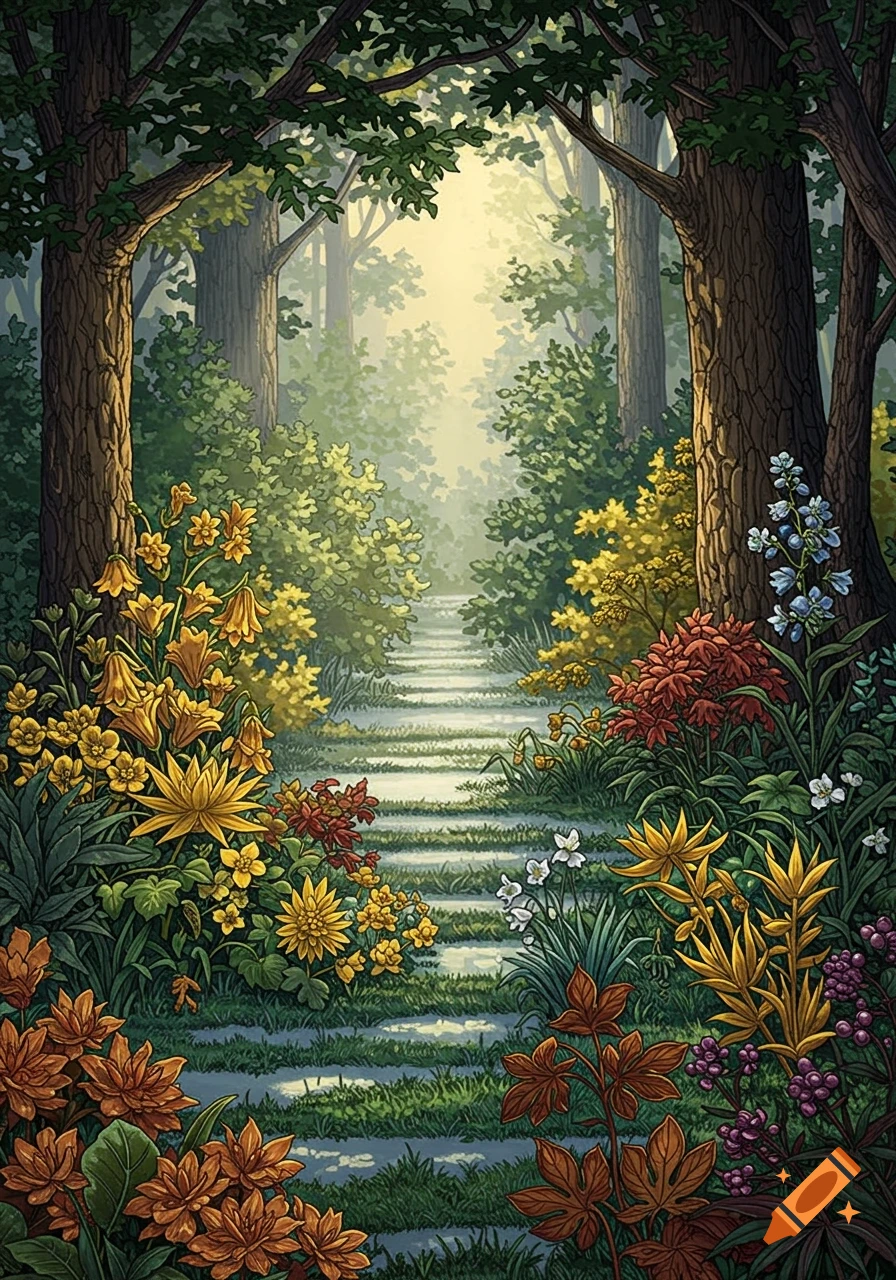 Vibrant illustration of a sunlit forest path lined with lush trees and a variety of colorful flowers.