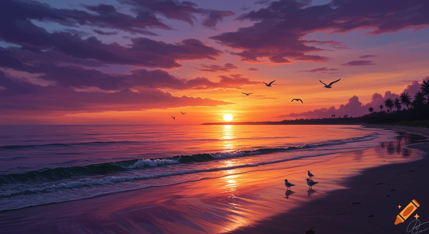 A vibrant sunset over a tropical beach with orange and purple clouds, calm waves, and silhouetted palm trees.