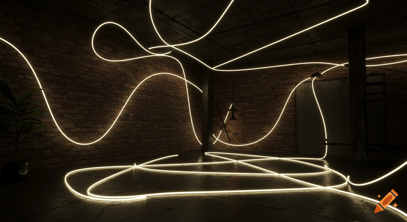 Warm white LED strip light installation with abstract wavy lines glowing in a dark, urban-style room with brick walls and concrete floor.