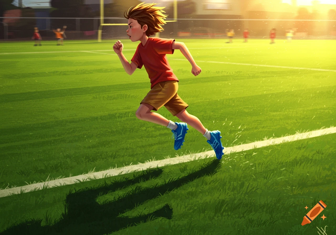 An illustrated boy in blue cleats and a red shirt runs on a sunny green football field.