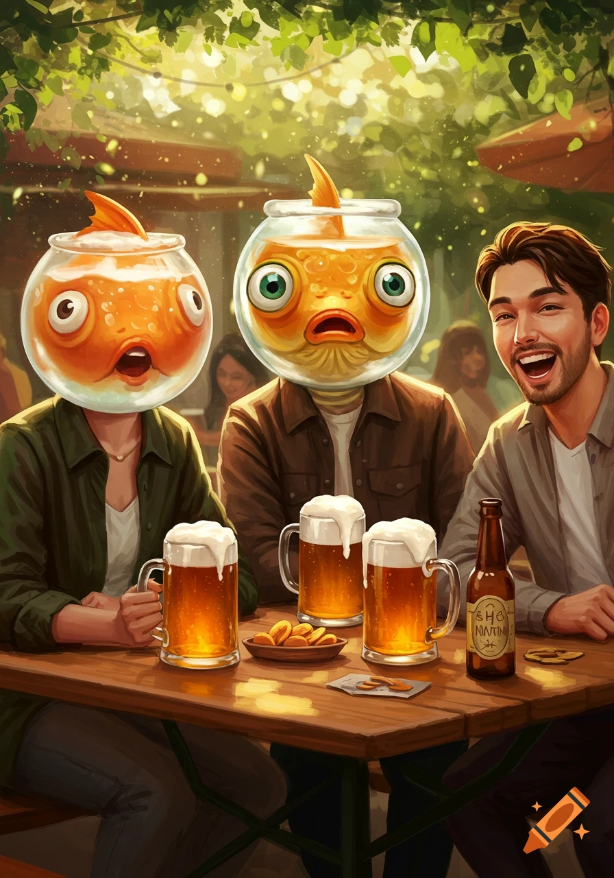Two people with goldfish bowls for heads and a man laugh while drinking beer at an outdoor table, surreal illustration.