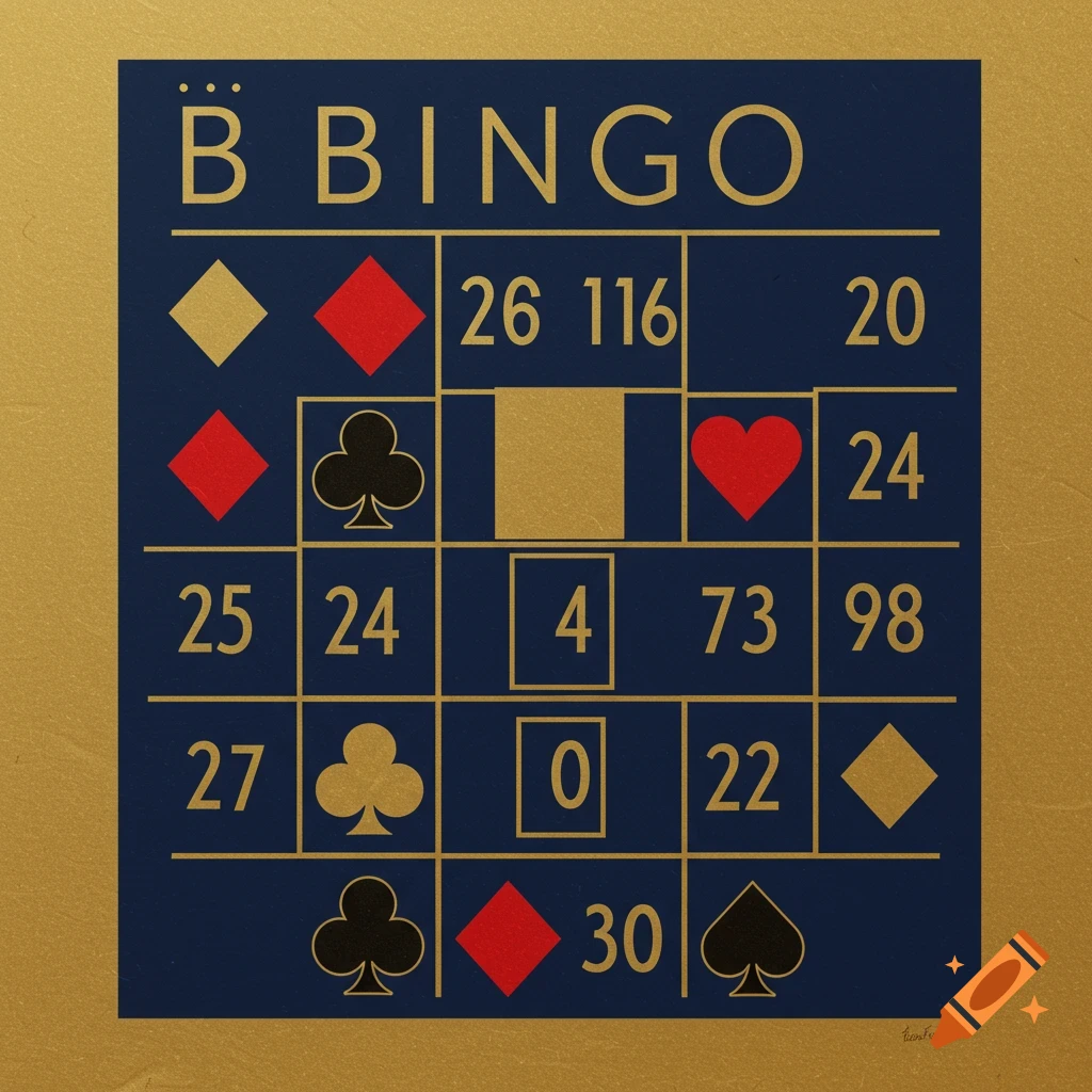 A stylized bingo card in gold and dark blue, featuring the word 'BINGO' at the top, along with numbers and playing card suits like diamonds, clubs, and hearts.