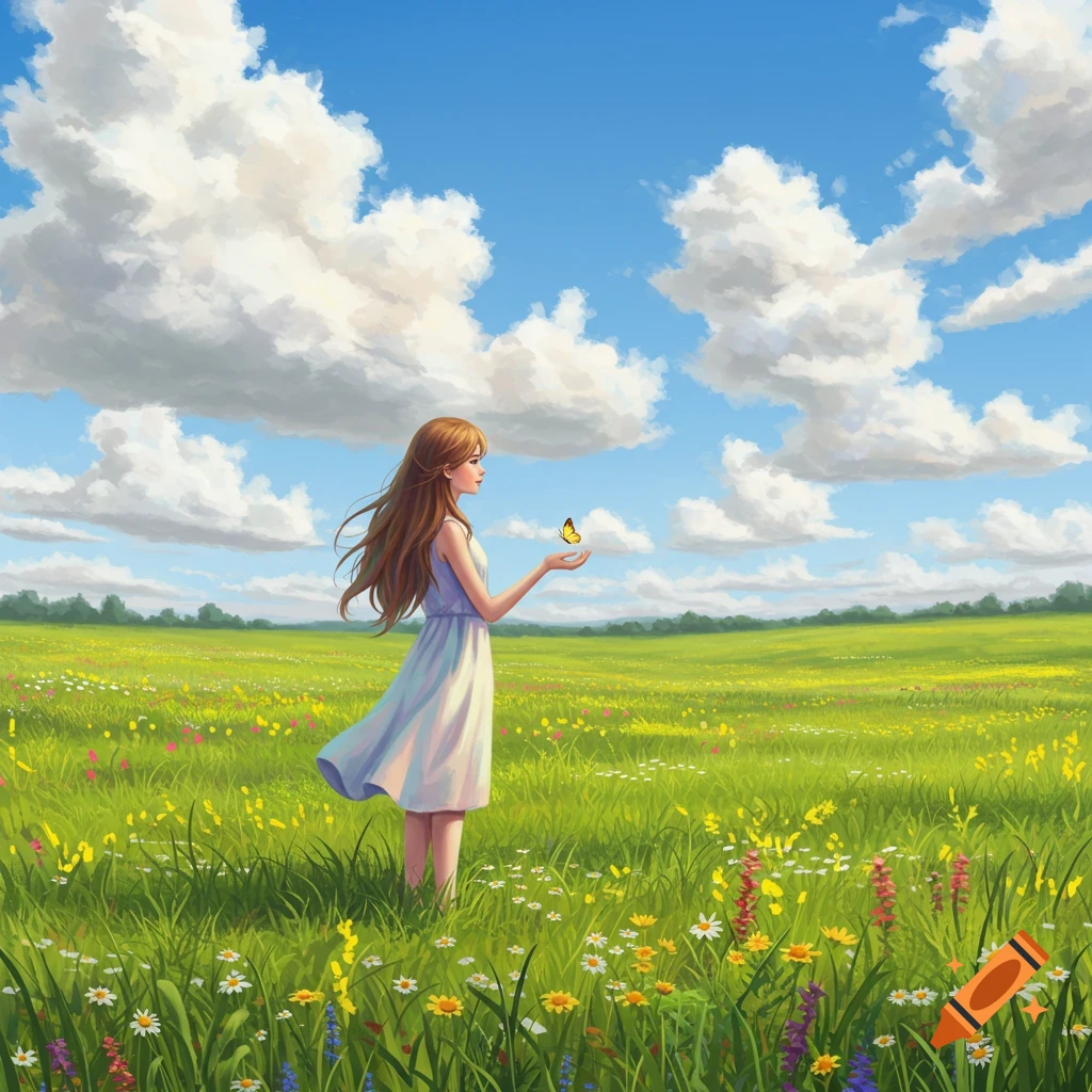 An illustrated girl in a white dress stands in a vast green field filled with flowers, holding a small yellow butterfly.