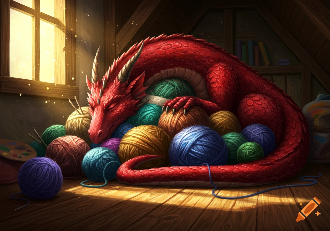 A red dragon sleeping soundly on a large pile of colorful yarn in a sunlit attic.