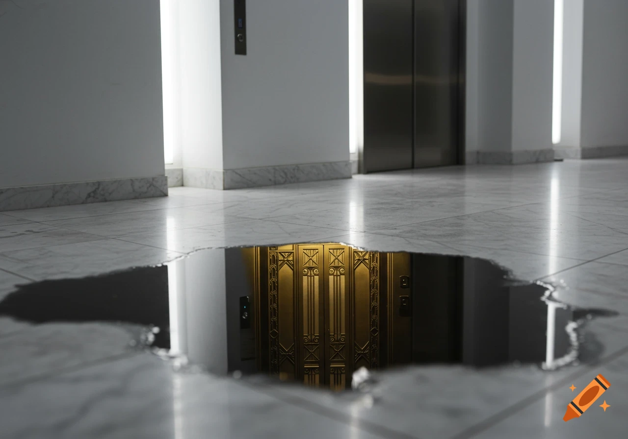 A modern elevator lobby with a puddle reflecting a gold art deco elevator on a marble floor.