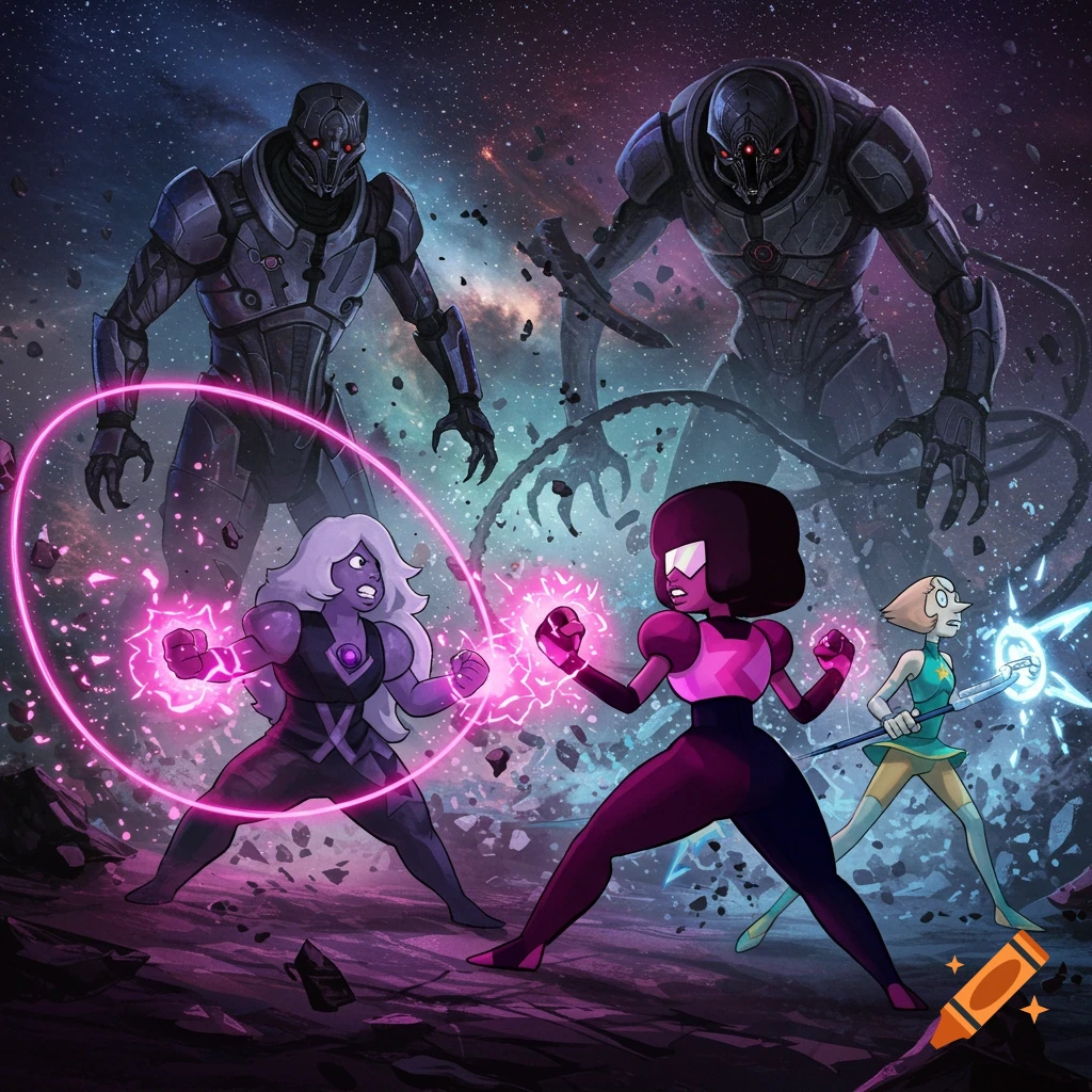 Crystal Gems Amethyst, Garnet, and Pearl battling two large dark robots in space with energy attacks, cartoon style.