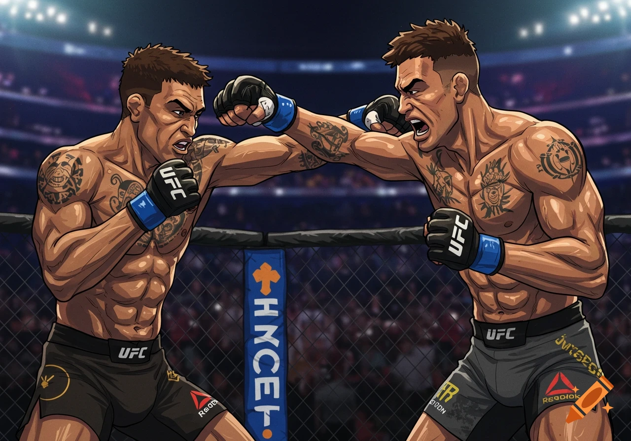 Two shirtless MMA fighters with tattoos throw punches in a UFC ring, drawn in a stylized, animated boondocks art style.