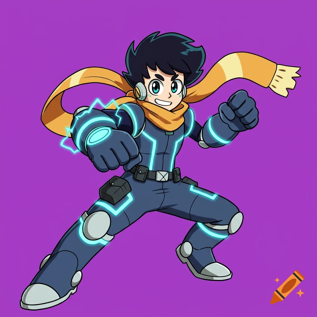 An energetic anime hero with dark hair, large eyes, wearing a blue jumpsuit with glowing accents, oversized gloves, boots, and a flowing yellow scarf in a dynamic pose.