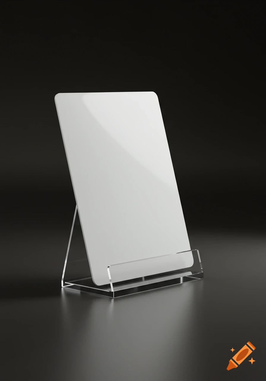 A blank white card with rounded corners stands upright in a clear plastic display holder on a dark, reflective surface.
