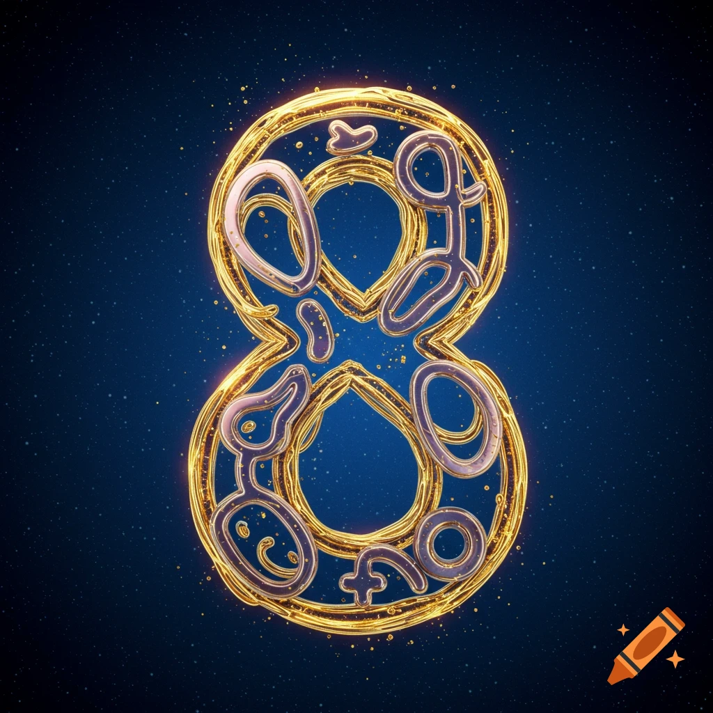 A stylized golden number 8, filled with intertwined abstract symbols, against a dark blue, starry background.