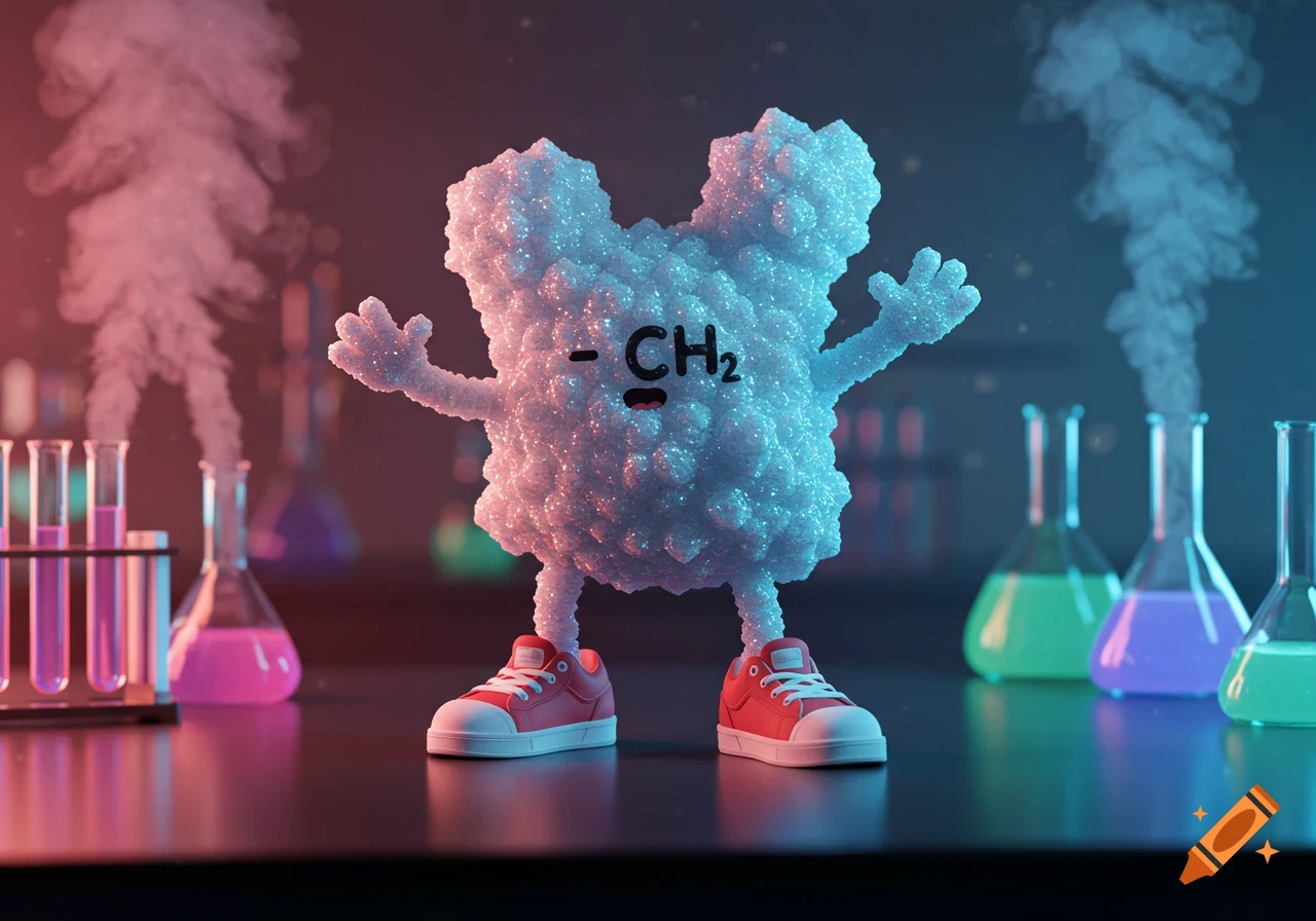 A whimsical 3D rendering of a sparkly white cartoon molecule with '-CH₂' on its chest, wearing red sneakers in a vibrant chemistry lab.