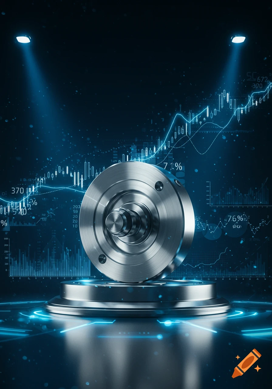 A gleaming stainless steel turning part sits on a futuristic pedestal, surrounded by abstract blue financial graphs and data visualizations on a dark background, under spotlights.