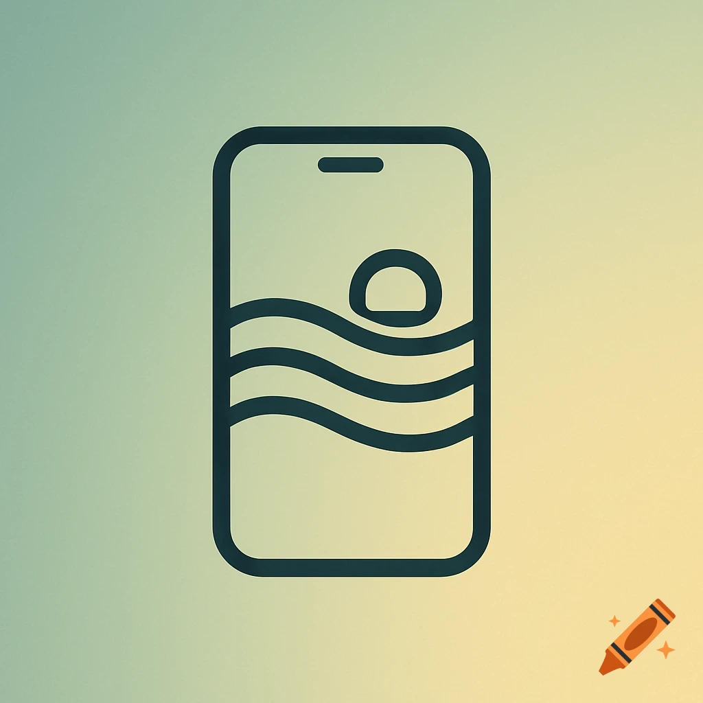Minimalist flat logo of a smartphone with wavy lines and a sun icon on a teal and pastel yellow gradient background.