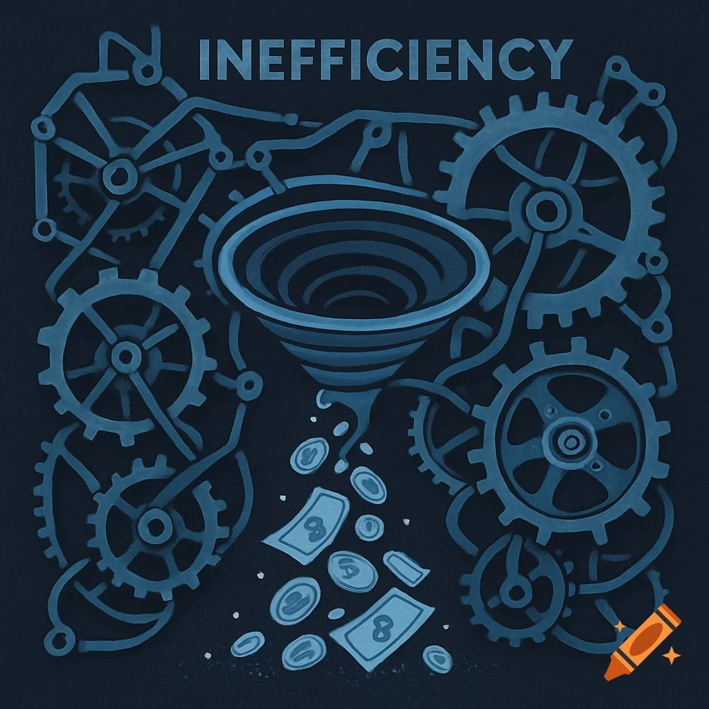 A stylized blue infographic illustration of a complex mechanism with gears and a central funnel dropping money, with the word 'INEFFICIENCY' at the top.