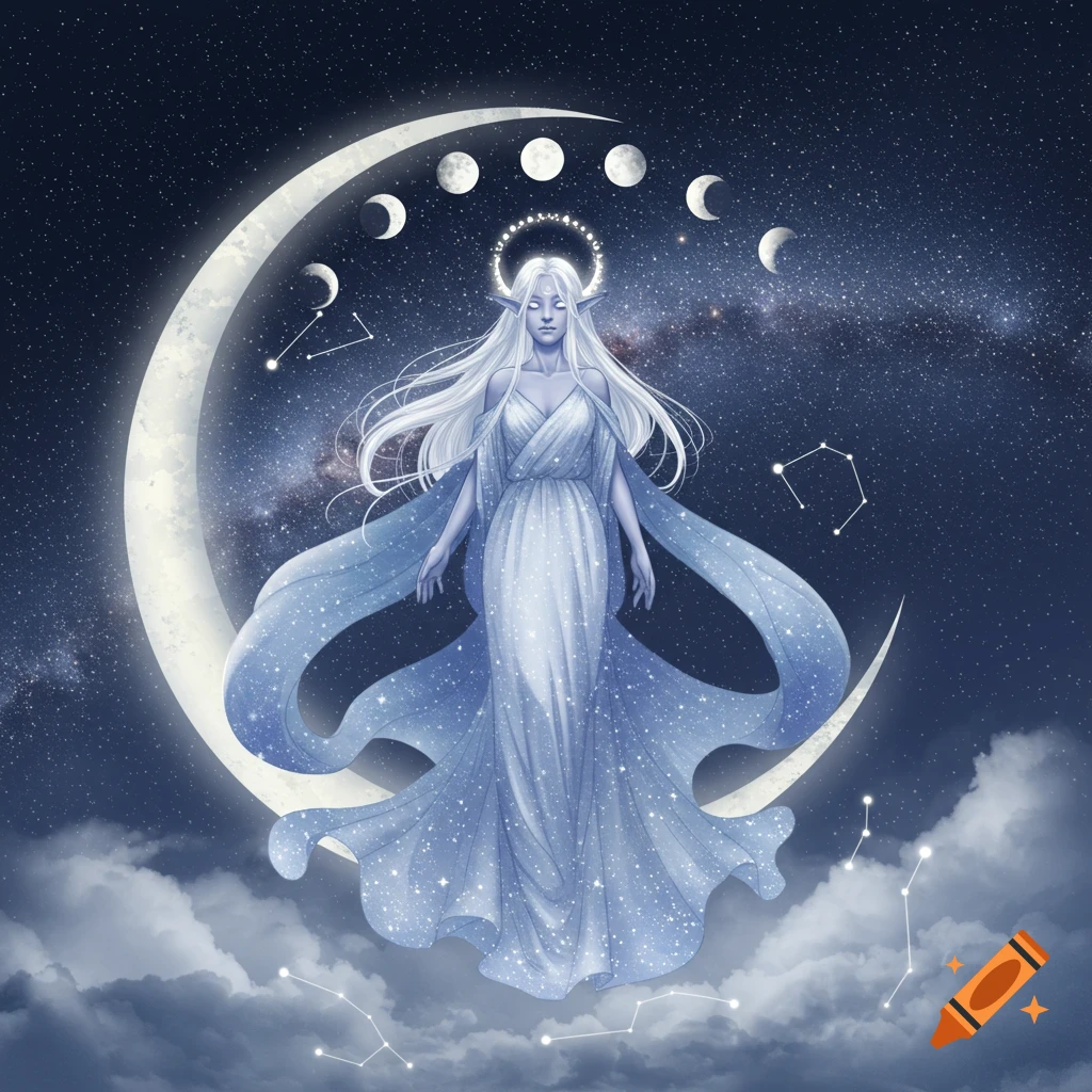 A majestic moon goddess with long white hair stands against a starry night sky, crescent moon, and clouds.