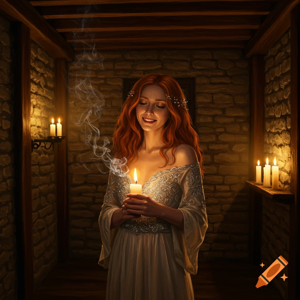 A red-haired woman in an ornate dress smiles softly, holding a lit candle in a dimly lit stone room.