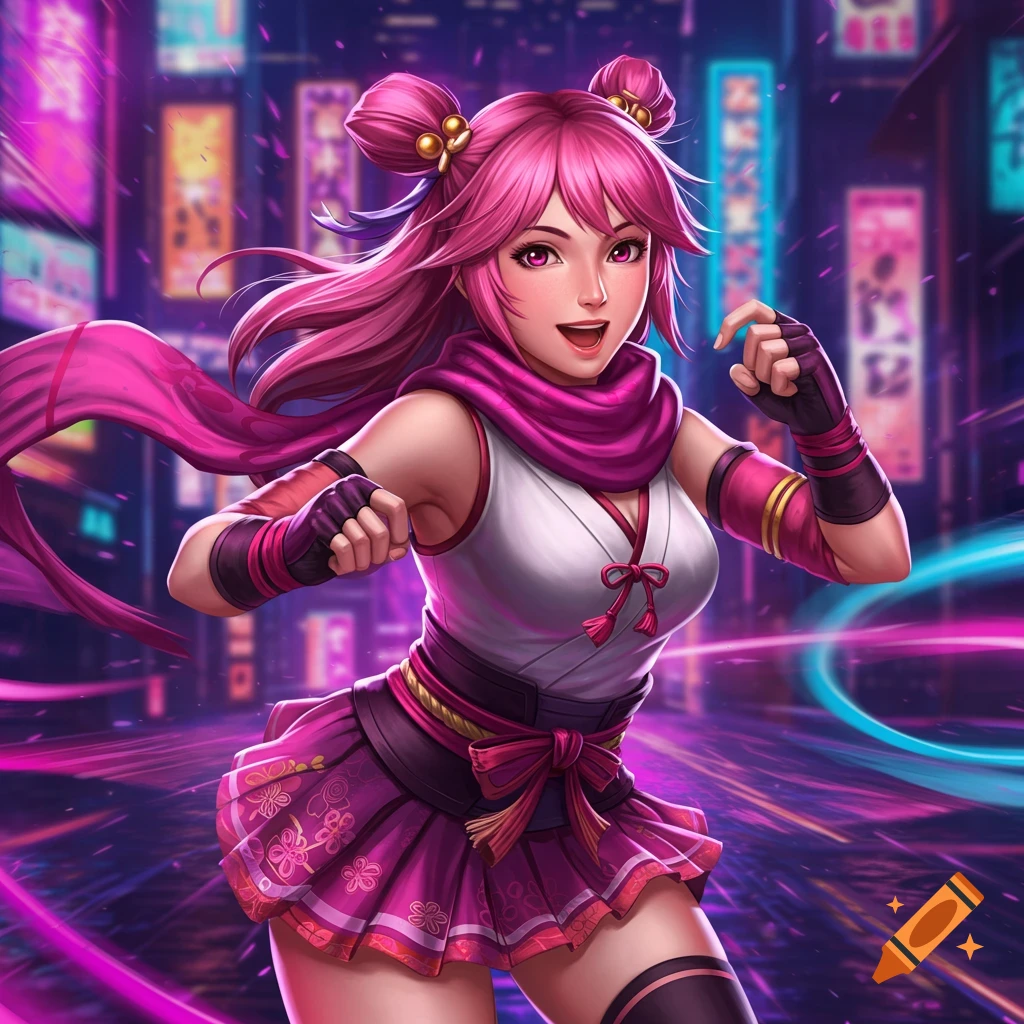 An anime-style girl with pink hair, in a martial arts outfit, stands in a dynamic pose against a neon-lit futuristic city backdrop.