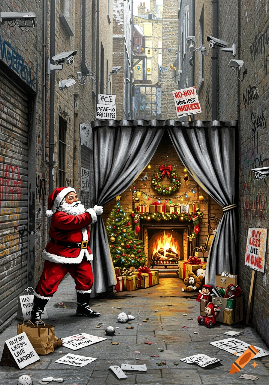 Banksy-style artwork of Santa Claus pulling back a curtain to reveal a lavish Christmas scene in a gritty urban alleyway filled with graffiti, protest signs, and CCTV cameras.