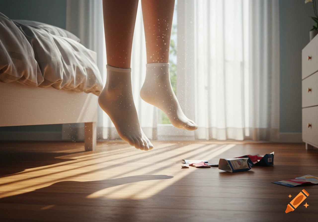 A person's legs and feet, wearing sheer white socks, float above a sunlit wooden floor in a bedroom. Crumpled wrappers lie on the floor.