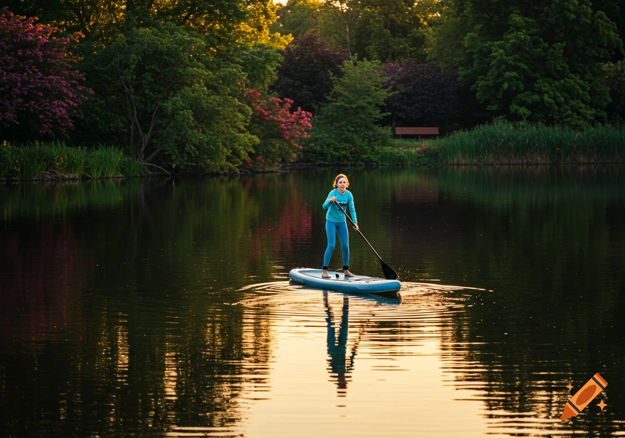 A person in blue athletic wear paddleboards on a calm lake, surrounded by green and purple trees with warm light reflecting on the water.