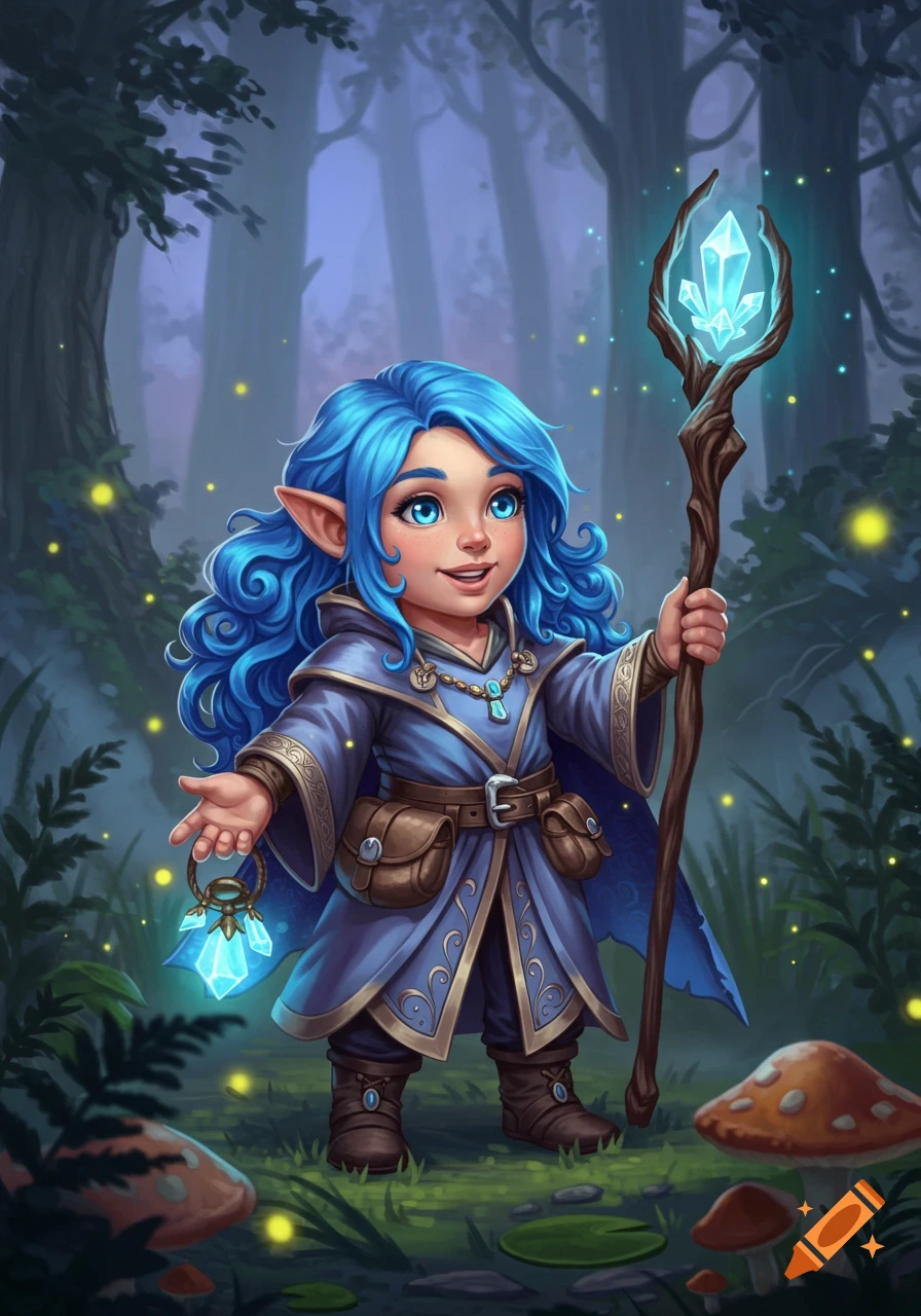 A cute, blue-haired gnome cleric stands in a magical forest, holding a crystal staff and a glowing crystal lantern.