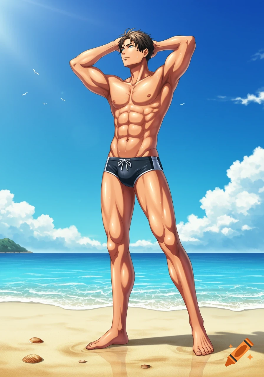 Muscular anime man in black swim trunks stands on a sunny beach, arms behind his head, looking toward the bright sky.