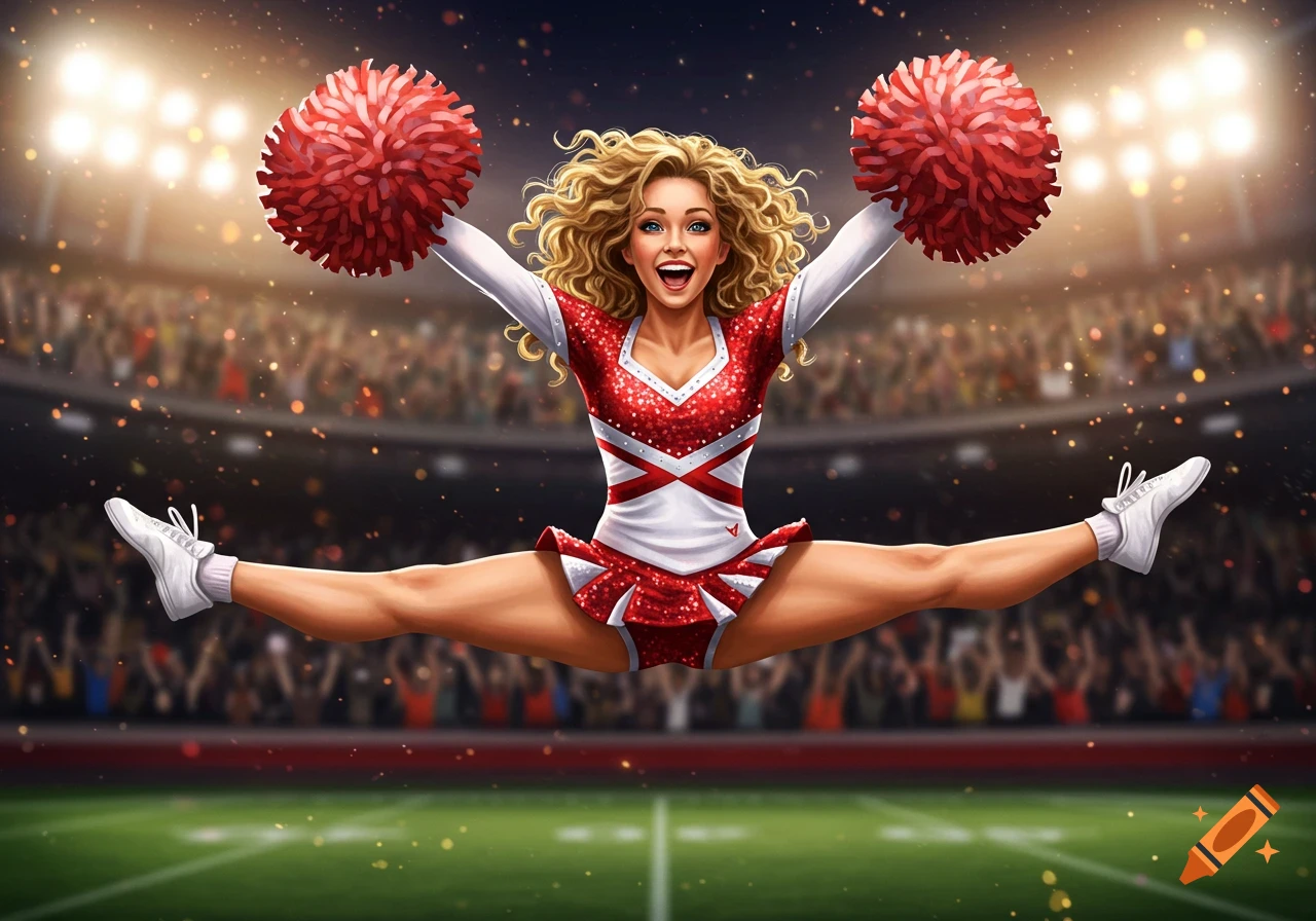 A dynamic, illustrated cheerleader in a red and white uniform leaps mid-air with red pom-poms during a split jump in a stadium at night.