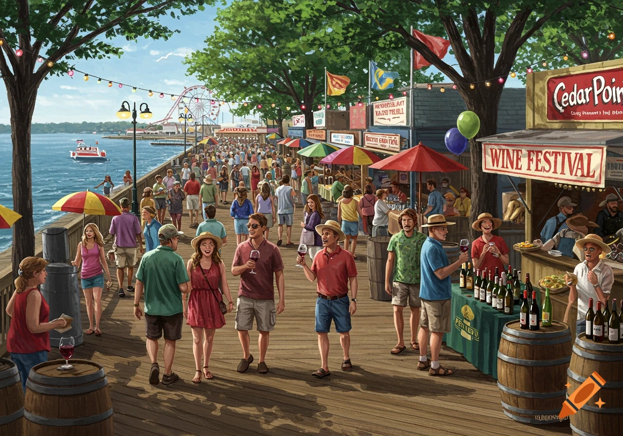 A vibrant summer wine festival on a crowded boardwalk by the water, with people strolling, drinking wine, and browsing stalls. An amusement park with a Ferris wheel is visible in the background.