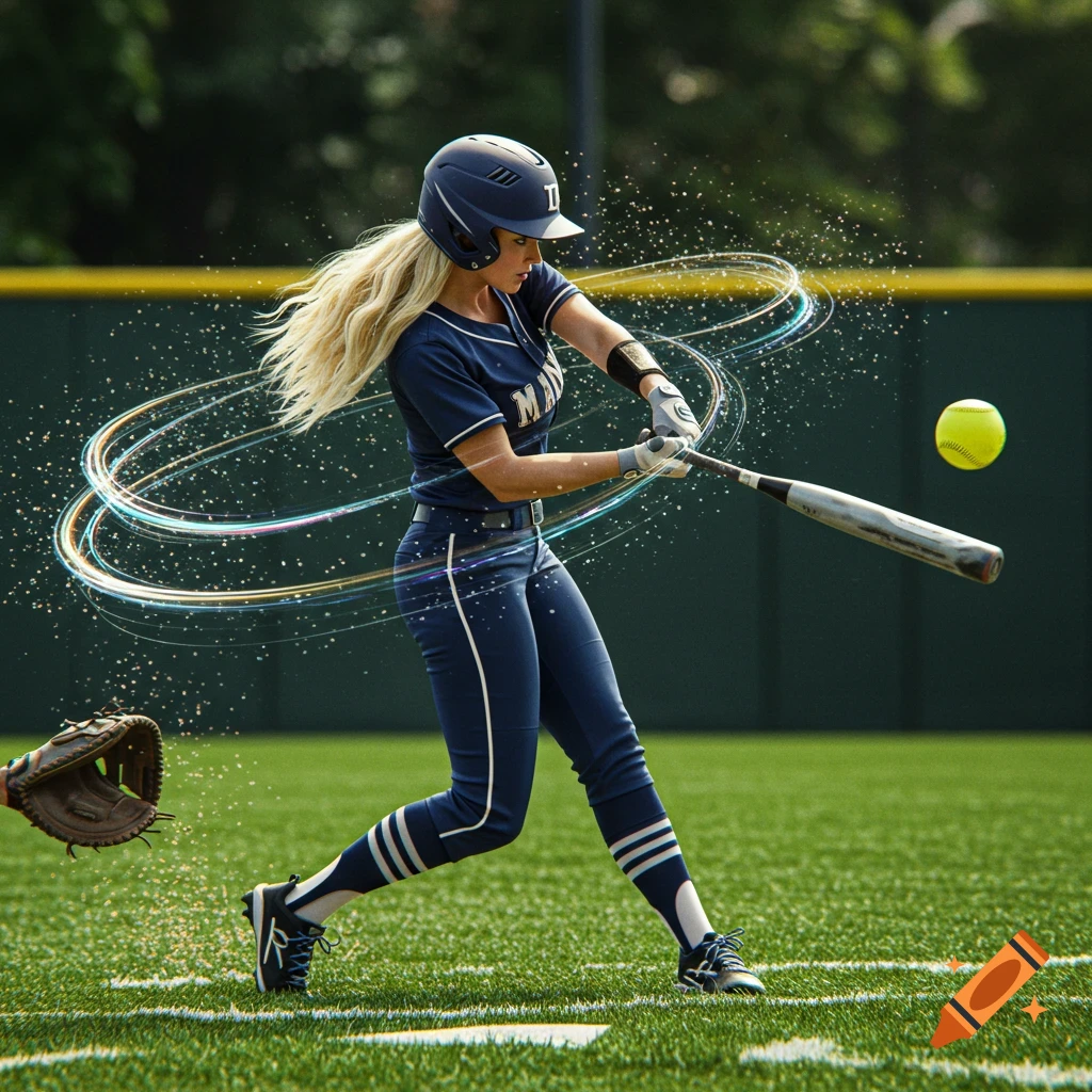 A blonde woman in a navy softball uniform swinging a bat at a yellow softball on a green field, with luminous streaks around the bat.