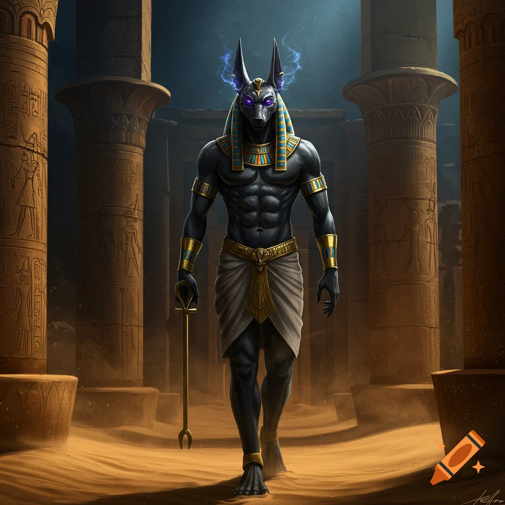 Anubis, the jackal-headed Egyptian god, with glowing purple eyes and energy, walks through ancient desert temple ruins holding an ankh staff. He has a muscular black body, golden and blue adornments, and a kilt.