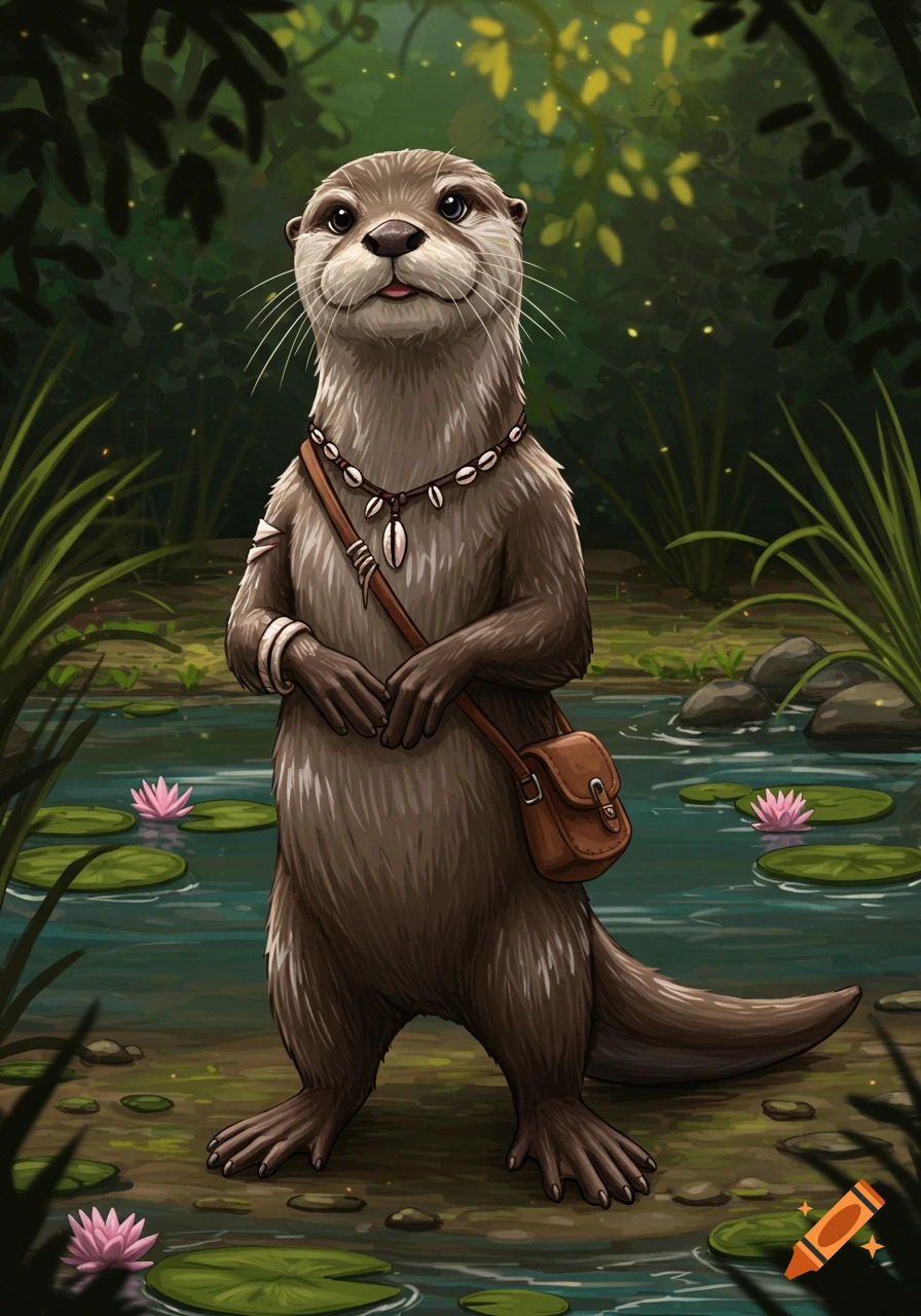 A detailed illustration of an anthropomorphic otter wearing a shell necklace and satchel, standing in a lush jungle pond with lily pads and pink flowers.
