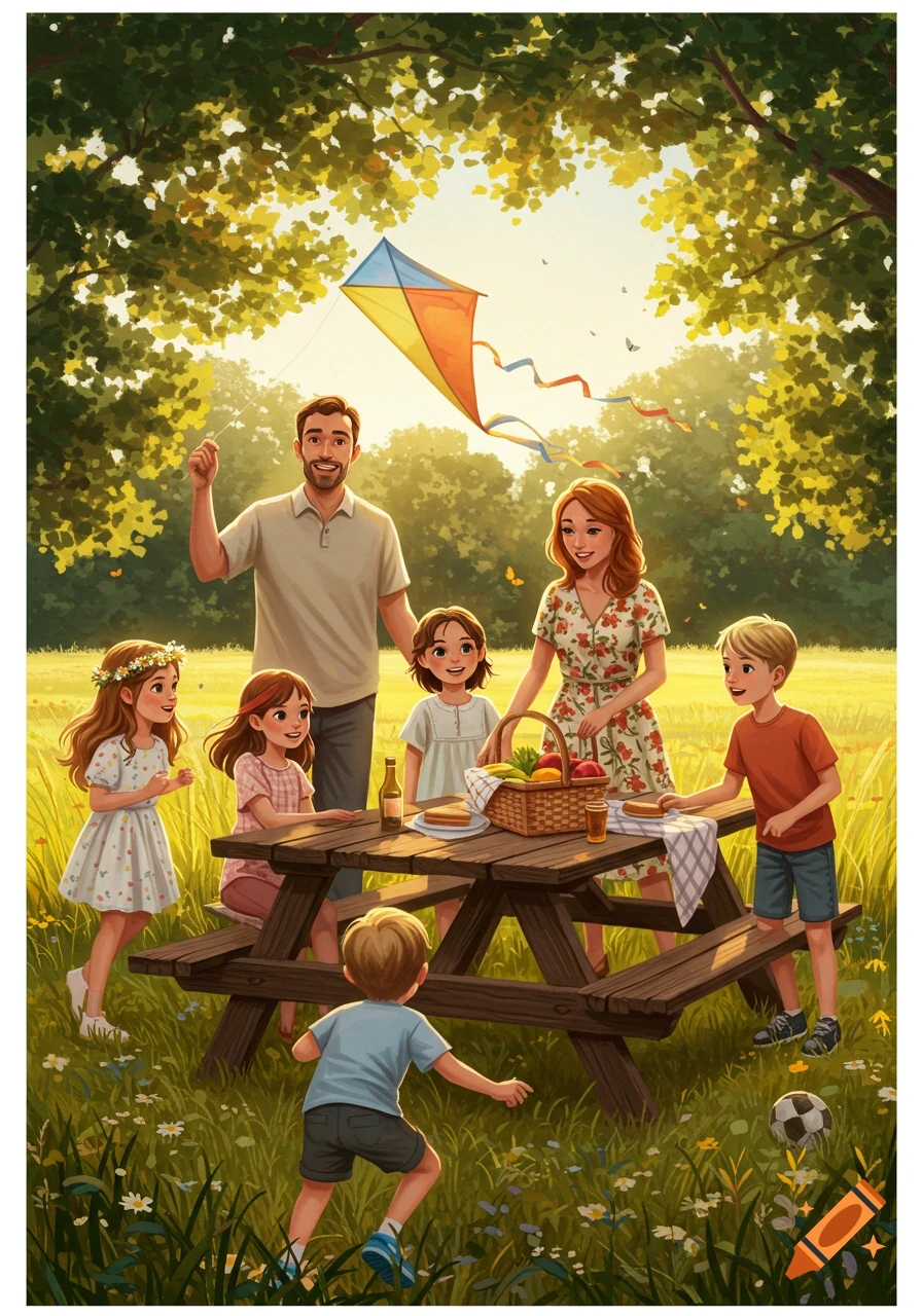 A cartoon family with a father, mother, and children having a sunny picnic in a park with a kite flying.