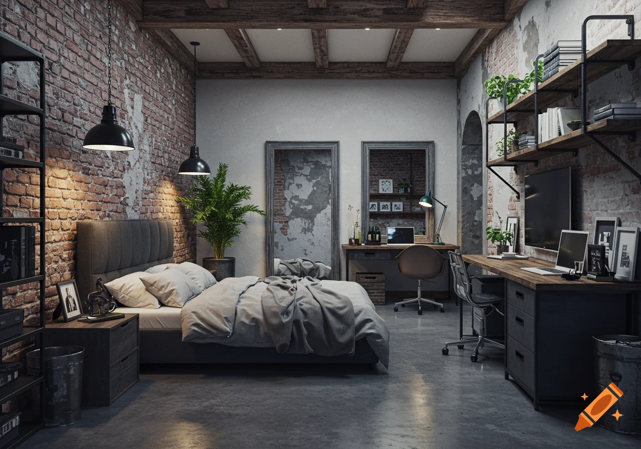 A modern industrial-style bedroom featuring exposed brick walls, a bed with gray bedding, a dark wooden desk with two chairs, shelves, and a large mirror.