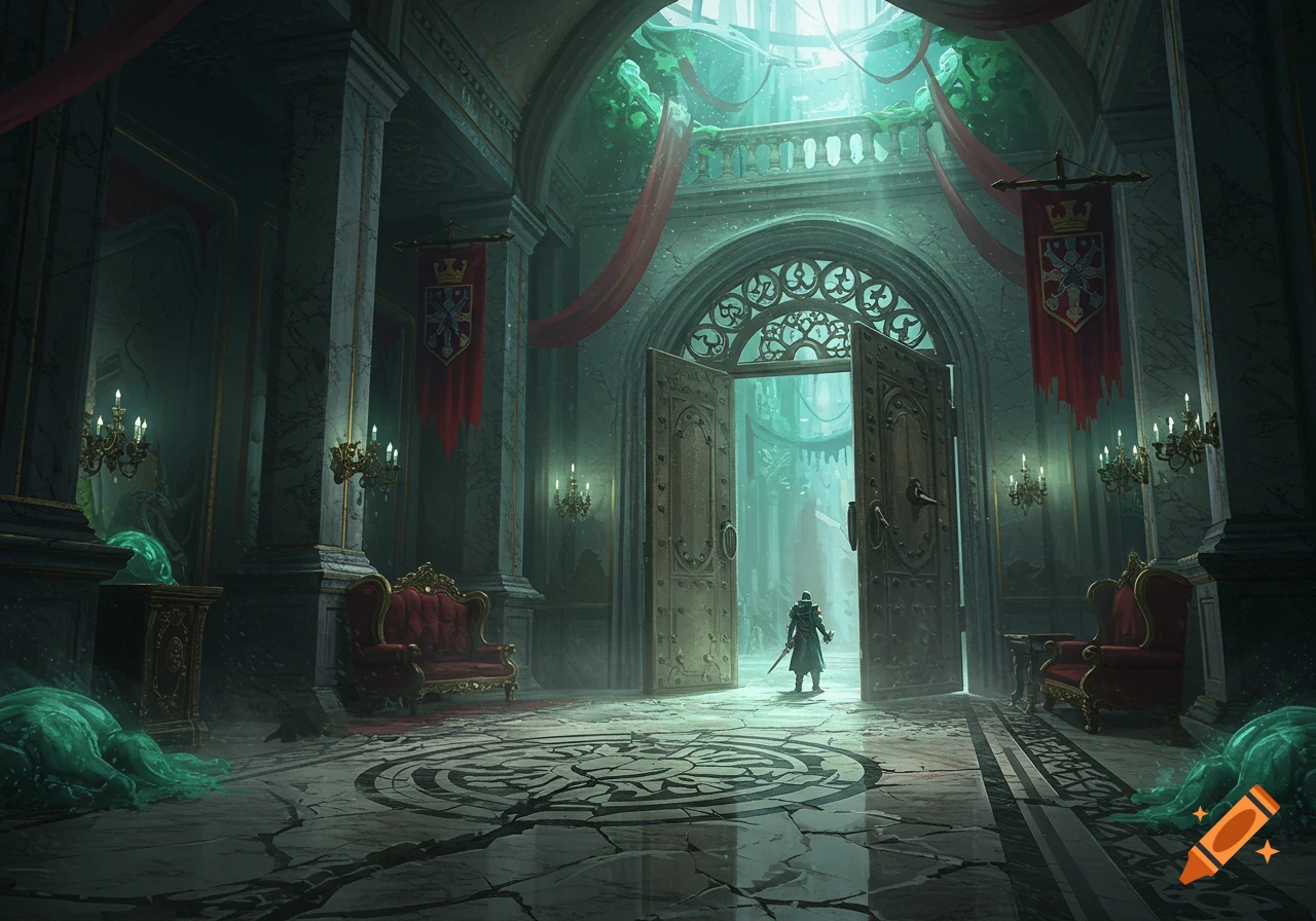 A lone figure stands in a dark, grand, and dilapidated fantasy mansion hallway with glowing light from above.