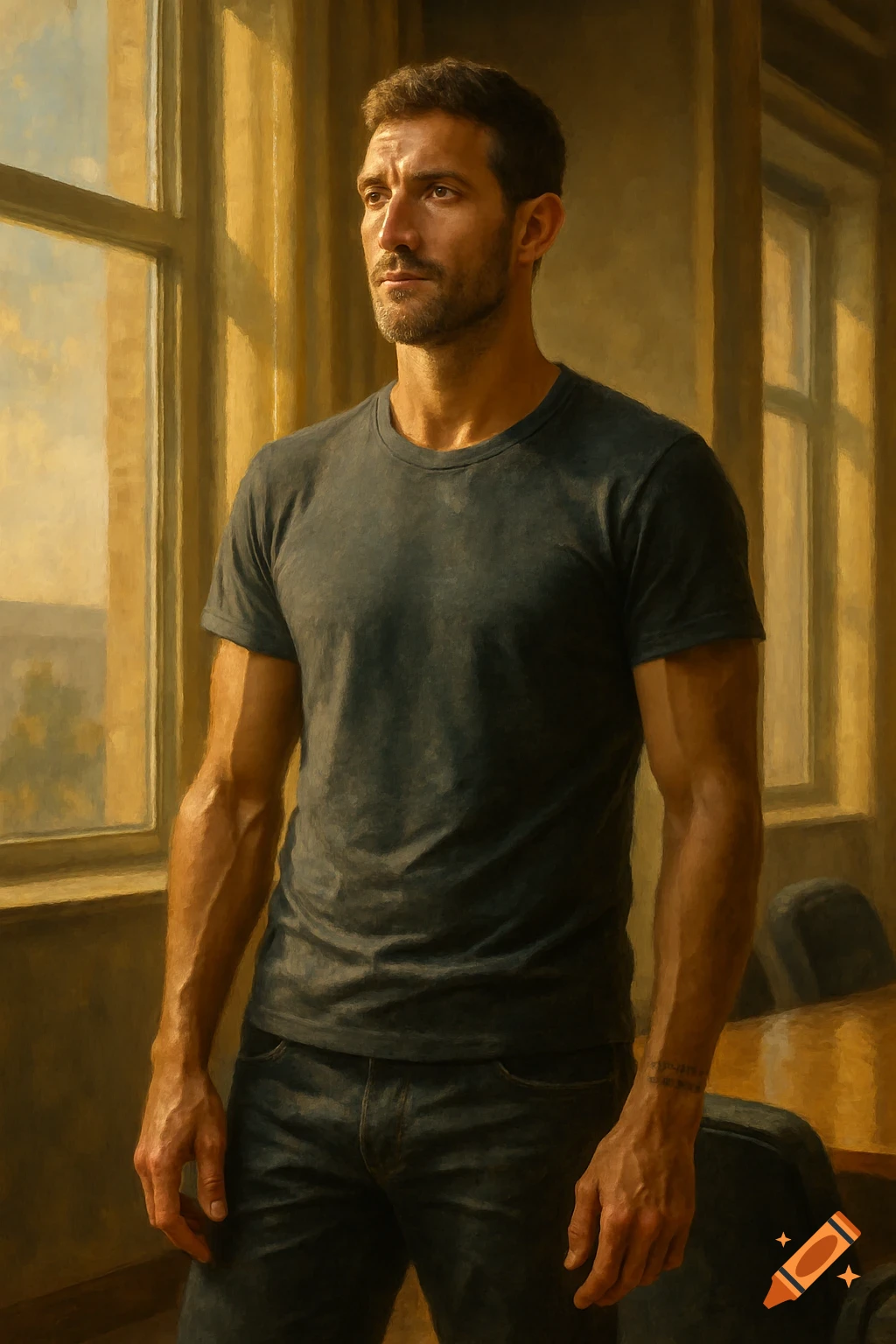 A thoughtful man with a beard stands by a sunlit window in a painterly portrait.