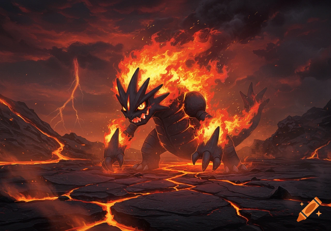 A dark rock and fire monster with glowing eyes stands in a volcanic landscape with flowing lava and a stormy red sky.