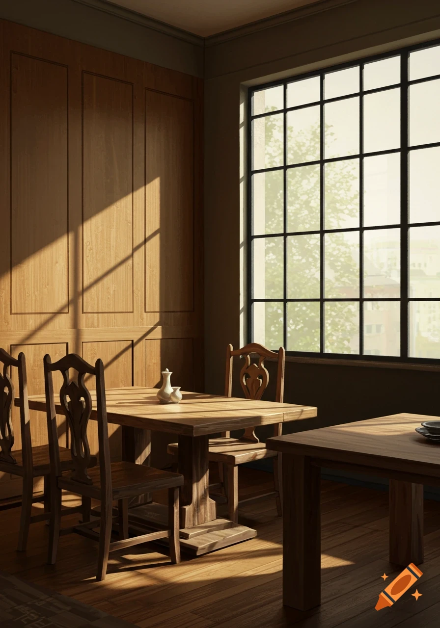 A sunlit dining room with vintage wooden tables and chairs next to a large grid window overlooking trees.