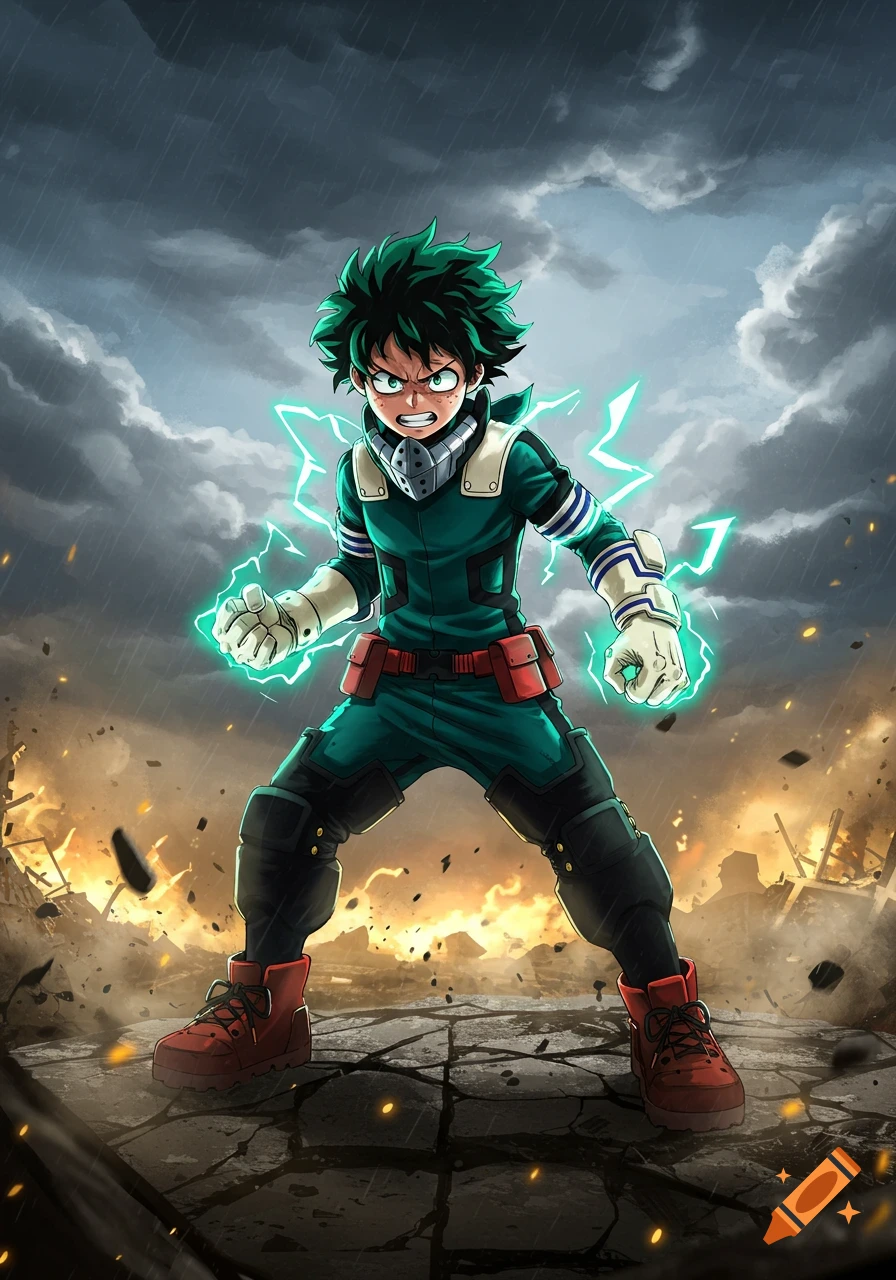 Deku, a green-haired anime character, stands in a dynamic pose amidst a stormy, destroyed battlefield, with green lightning around his hands.