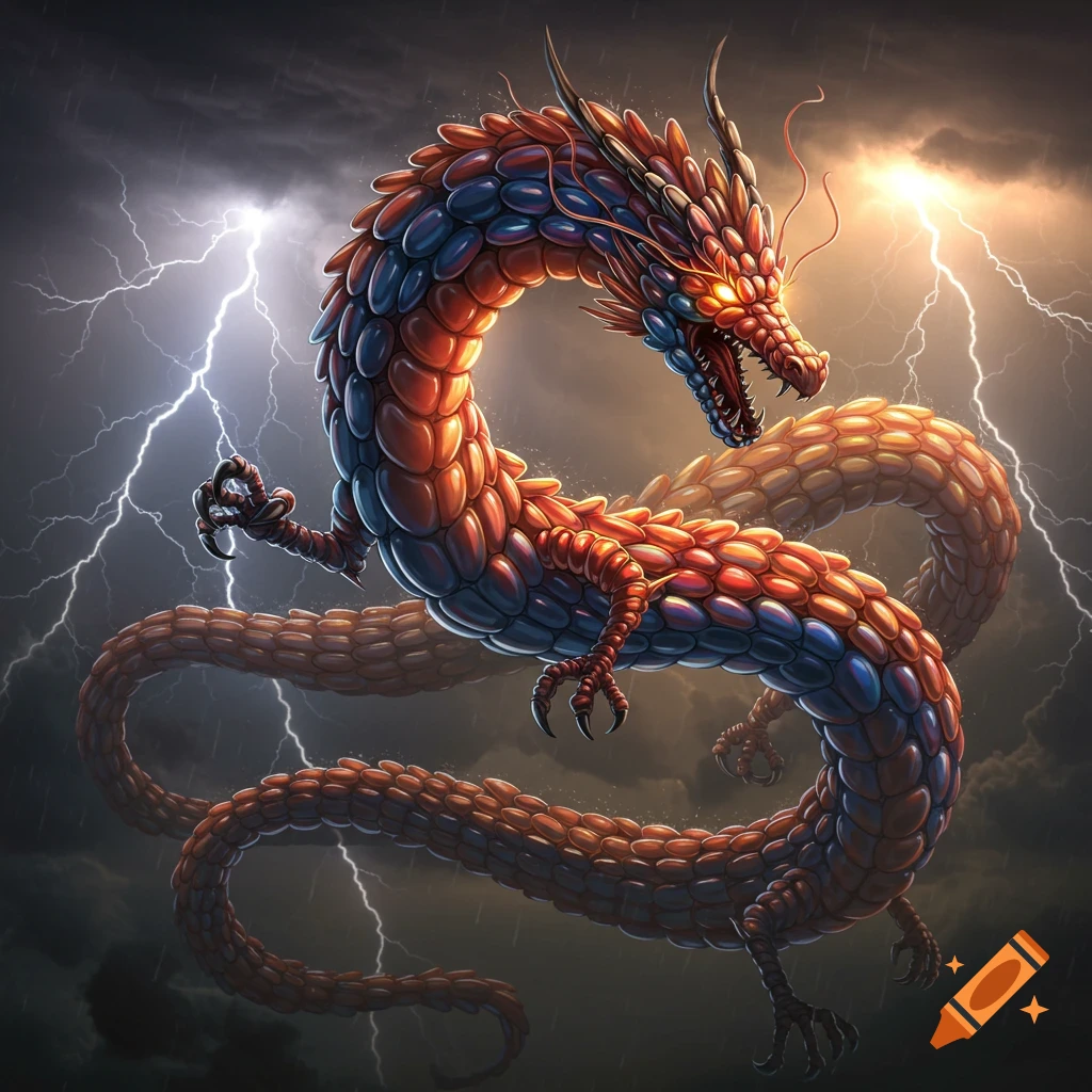 A vibrant red and blue dragon with balloon-like scales coiled in a stormy sky with bright lightning.