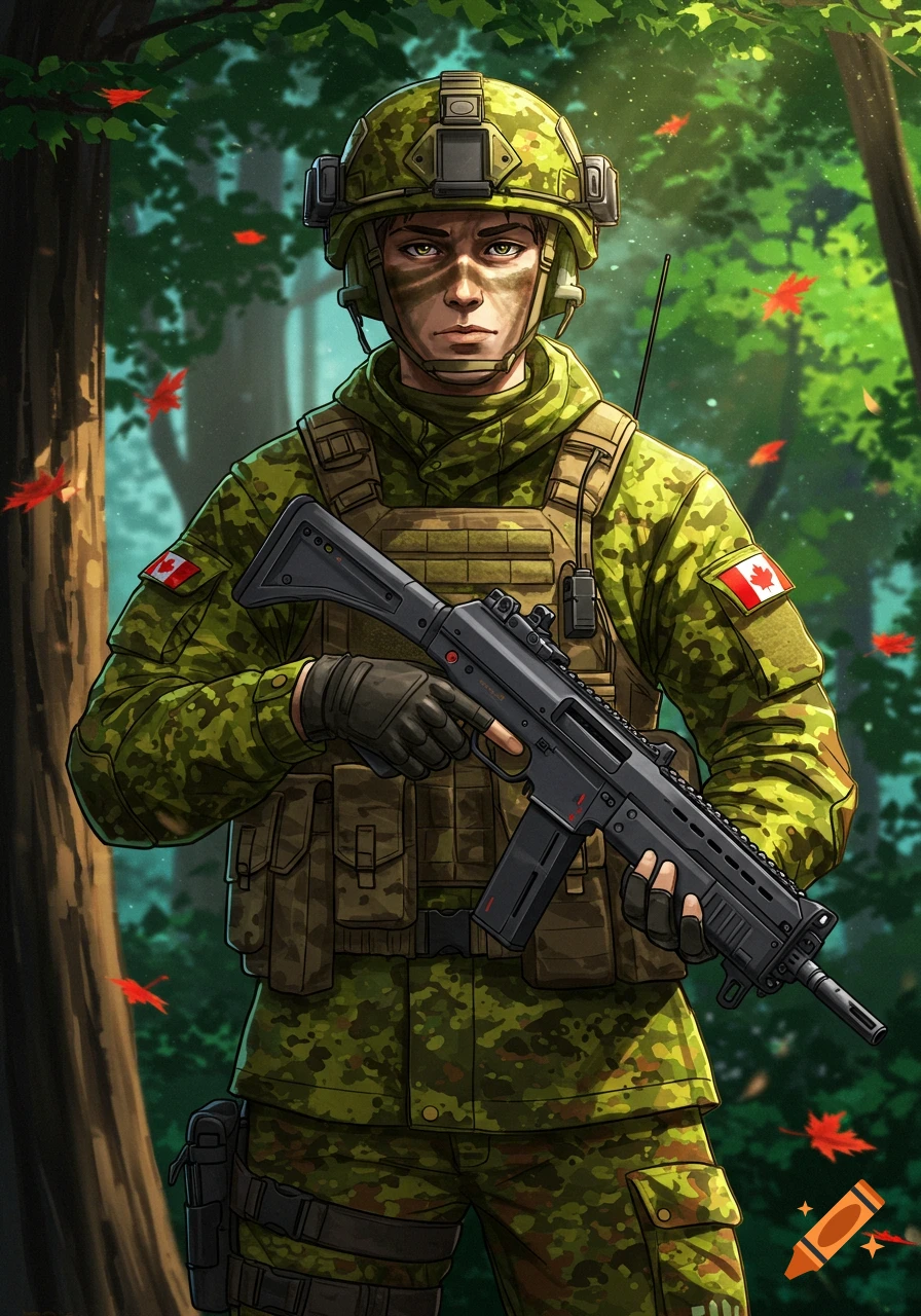 Anime art of a Canadian Armed Forces soldier in camouflage, wearing a helmet and holding a rifle in a forest.